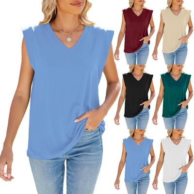Damski Letni Jednolity Kolor Dekolt V Rękaw Rotator Zakrywający Luźny Bez Rękawów T-shirt Kamizelka Top
