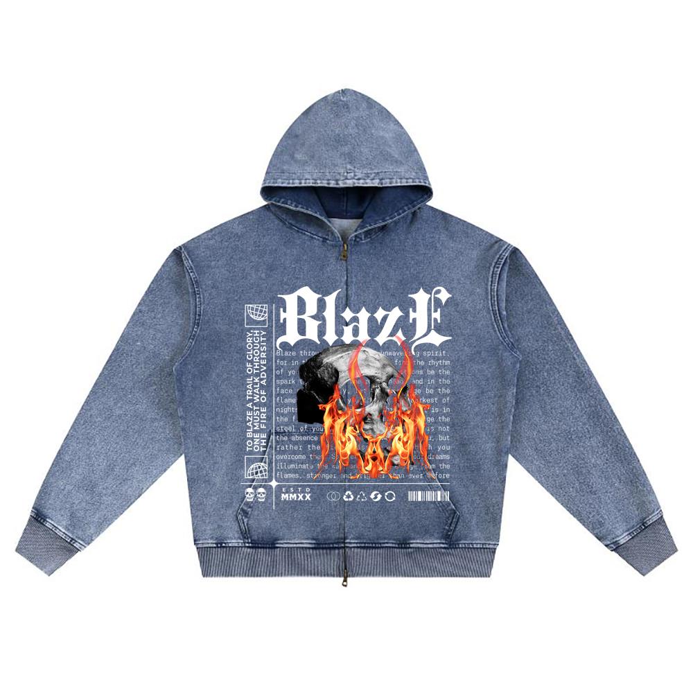 DTG print Knitted Denim Zip-Up Hoodie Blaze Brother Print Zipper Hoodies