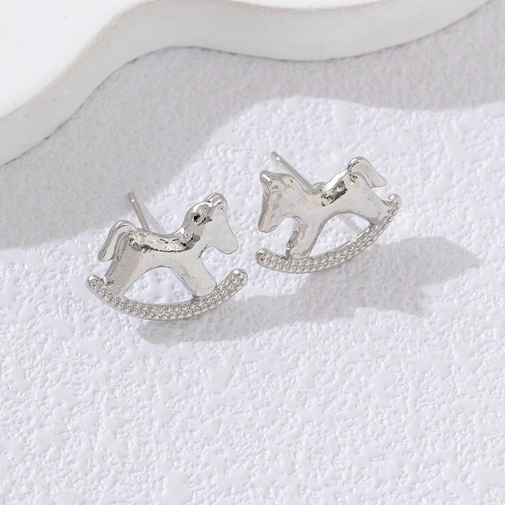 LATS Unique Design Metallic Cartoon Animal Colt Horse Statement Stud Earrings for Women Girl Gold Silver Jewelry