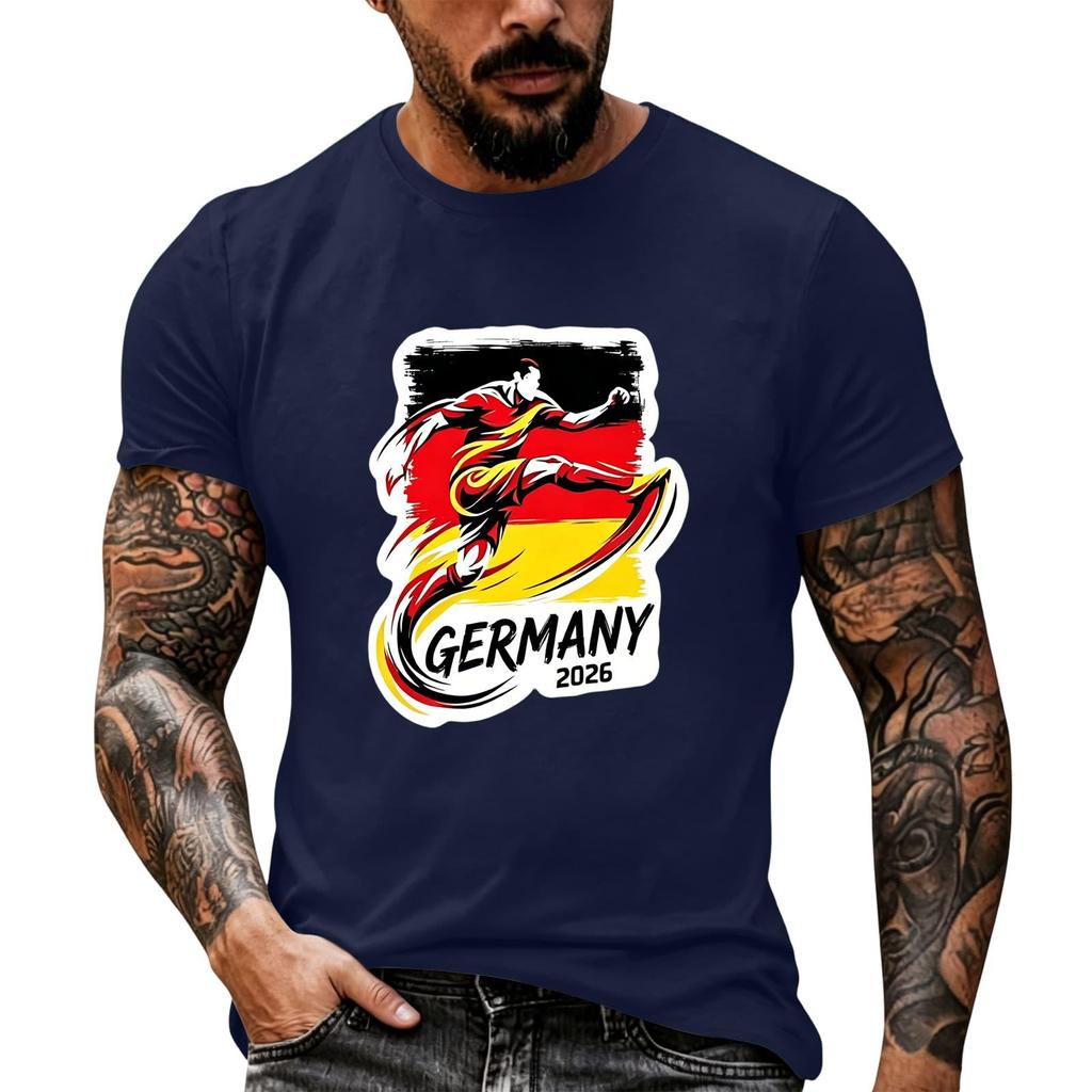 Short Sleeve Casual T Shirt with Graphic Print Soccer Player Illustration and Text Germany 2026 Soft Comfortable Fit for Everyday Wear