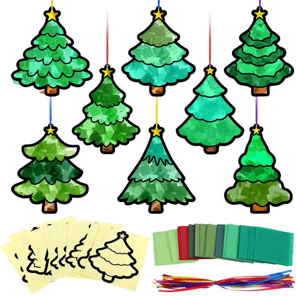 32 Pcs DIY Xmas Tree Shaped Suncatchers Xmas Tree Suncatchers Crafts for Christmas Holiday Home Window Art Decor