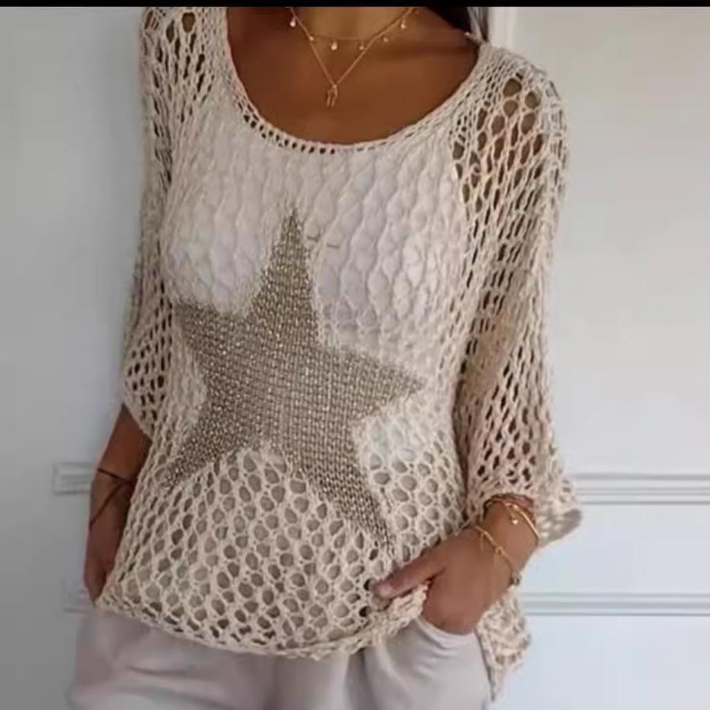 Women's Sweater Loose Hollow Knit Star Cardigan Round Neck Sun Shirt Summer Swimsuit Cover Up