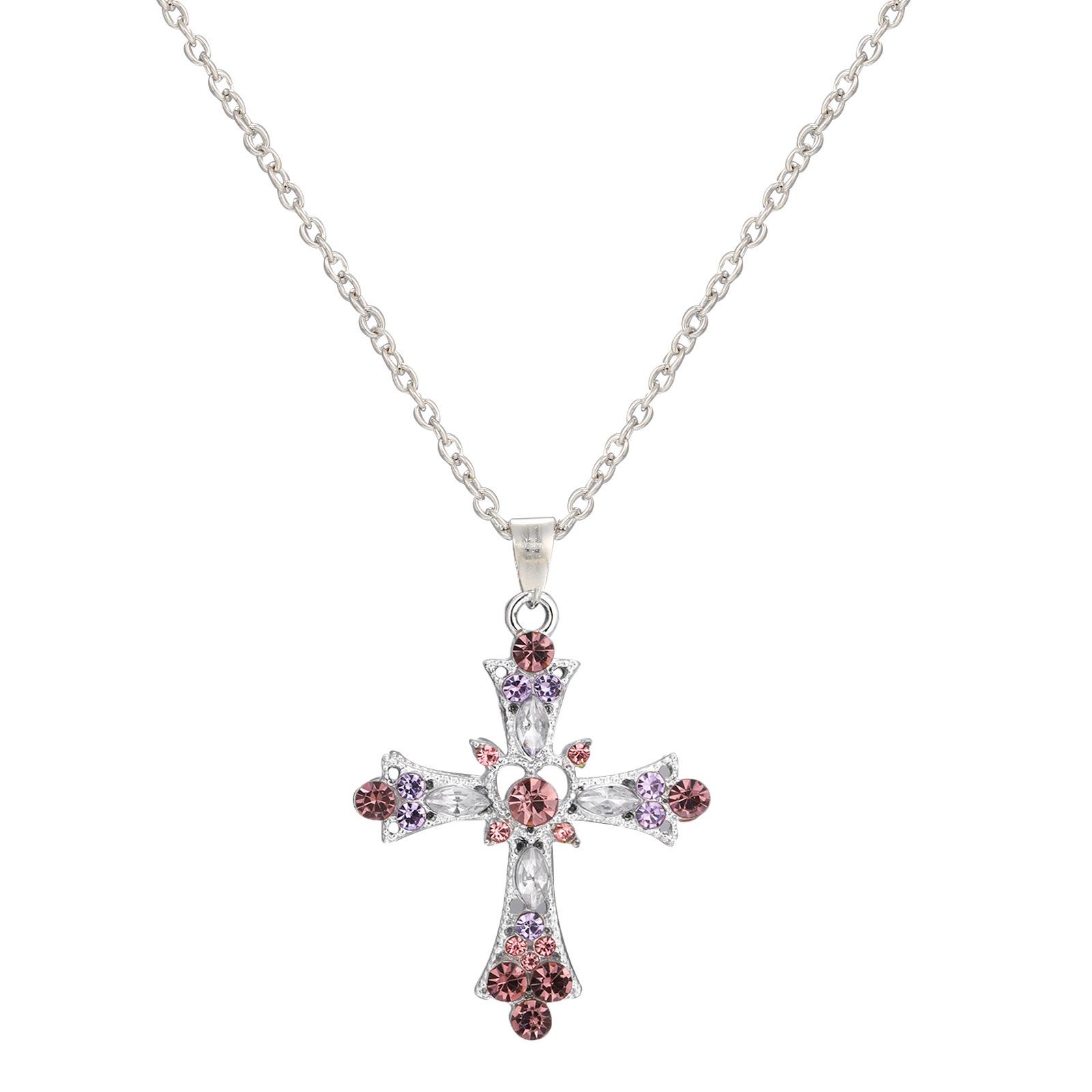 

Cross Pendant Rhinestone Necklace Trendy Alloy Jewelry Women Gift Decoration Cross Necklace Pink