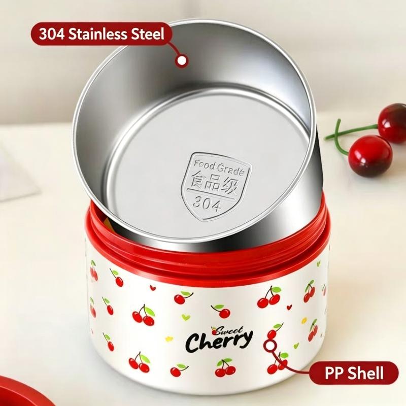 Stainless Steel Cherry Print Lunch Box Set with Insulated Bag & Tableware for School Office Picnic