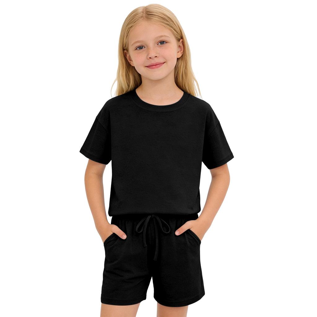 Kids Solid Color Shorts Set Drawstring Waist Pockets Crew Neck T-Shirt Casual Summer Outfit for Boys and Girls