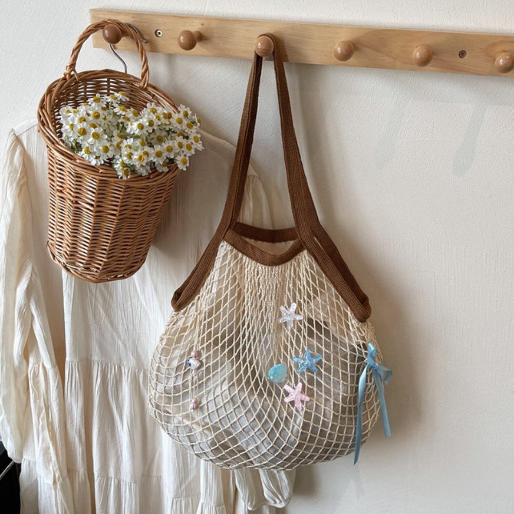 Portable Hollow Woven Shoulder Bag Korean Style Woven Grocery Bag Vacation Beach Bag  Swimming