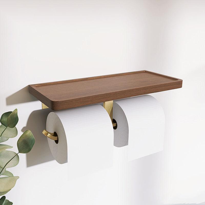 Wood Bathroom Paper Towel Holder Brushed Gold Toilet Paper Roll Holder Wall-mounted Cell Phone Shelving Toilet Paper Box