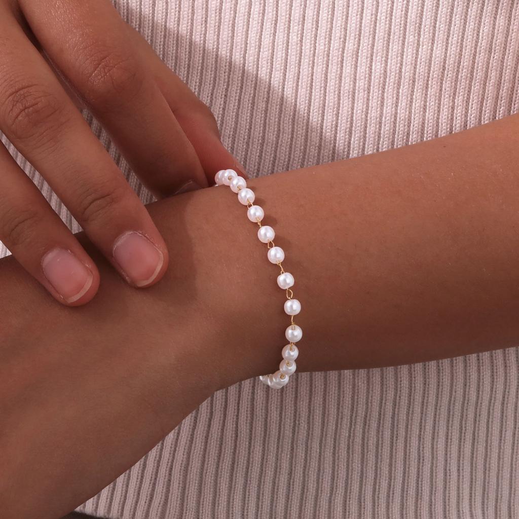 Fashion Imitation Pearl Bead Bracelet for Women Girl Stainless Steel Gold Color Bead Chain Bracelet Jewelry Gifts