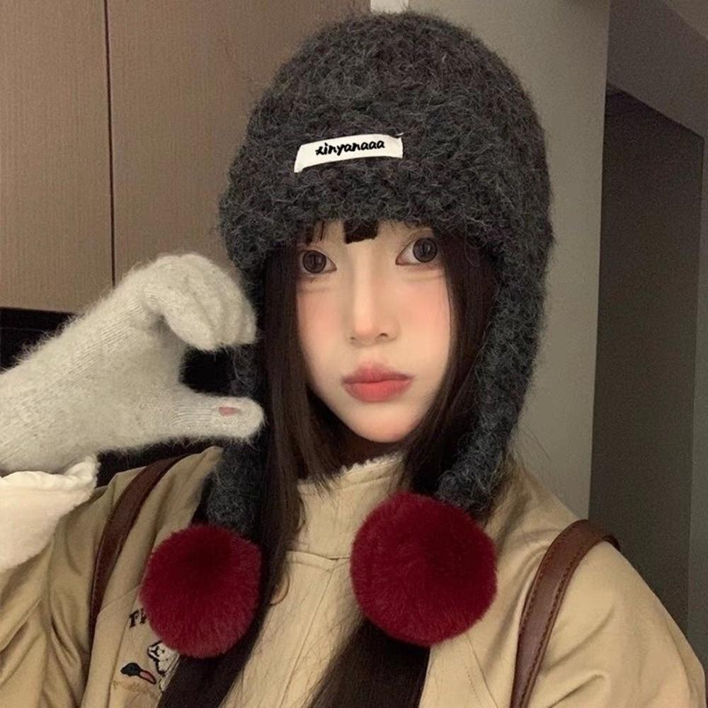 Sweet Women Knitted Cap Fluffy Pom-pom Ear Protection Caps Trendy Warm Beanie Hats  Outdoor