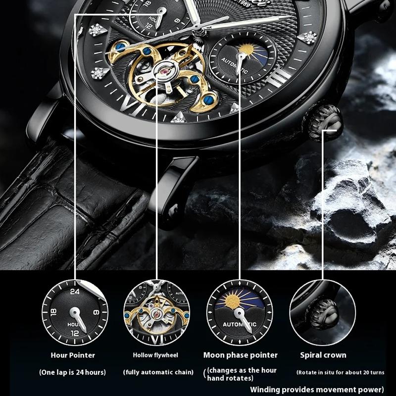 CHENXI Fashion Automatic Mechanical Watch Sun Moon Phase Tourbillon Waterproof Leather Strap Alloy Case Men's Watch