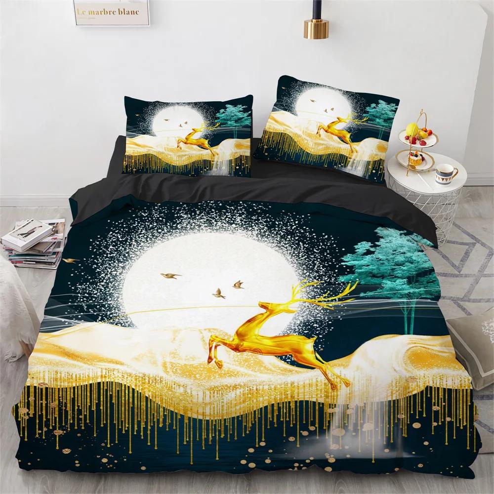 Deer Duvet Cover Set Wild Animals Flowers Pattern Polyester Bedding Set King Twin Full Size Comforter Cover For Kids Boys Girls