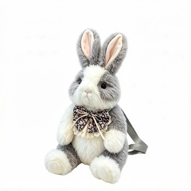 Cute Bowknot Plush Rabbit Backpack Realistic Long Fur Bunny Doll Cartoon Stuffed Animal Bag