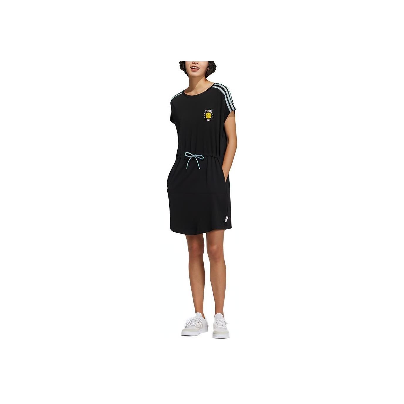 

Adidas Neo Smiley Face Print Striped Fitted Waist Short Sleeve Dress Women Dresses Black GP5778 M