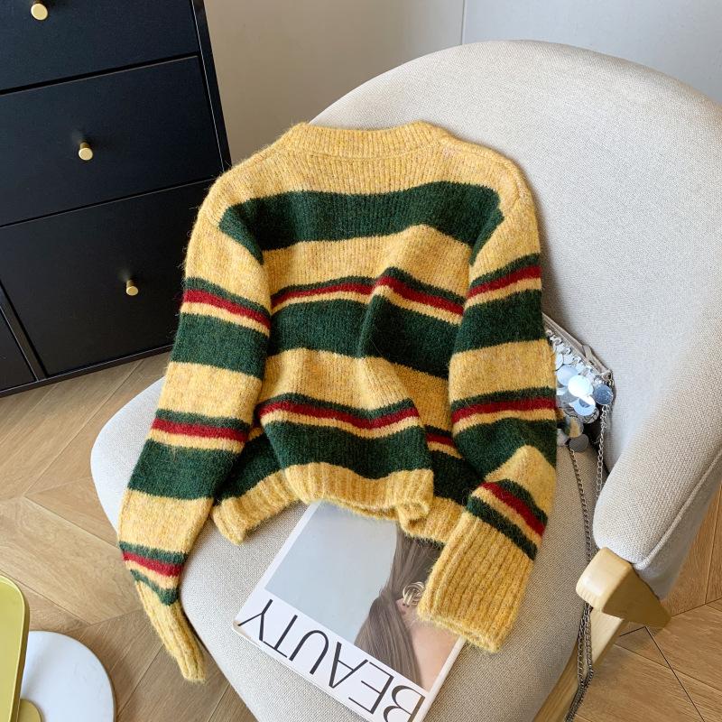 Vintage Color Block Stripe Knit Cardigan: Women's Soft, Thickened Warm Sweater Short Jacket