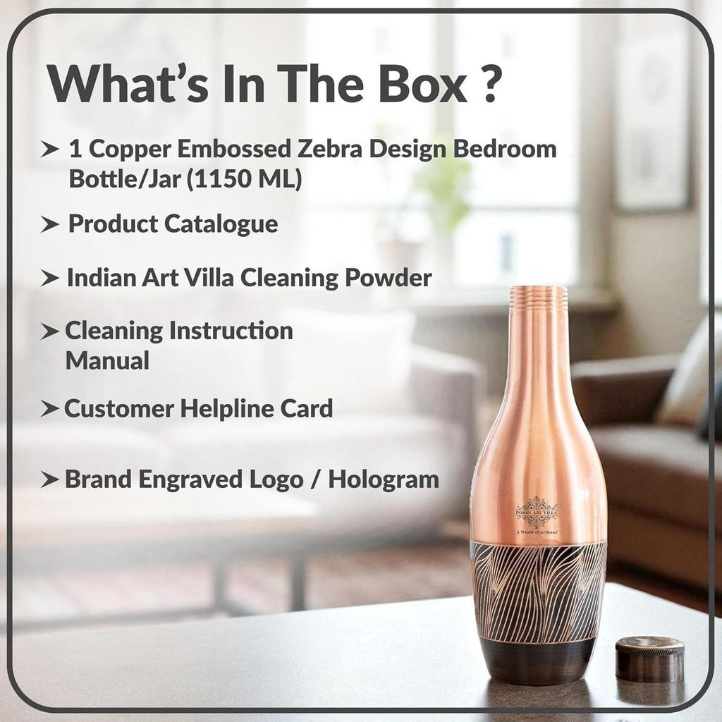 Copper Zebra Embossed Designer Bedroom Bottle – 1150 ML | Antique Finish Ayurvedic Water Jar with Leak-Proof Cap for Home, Office & Gifting