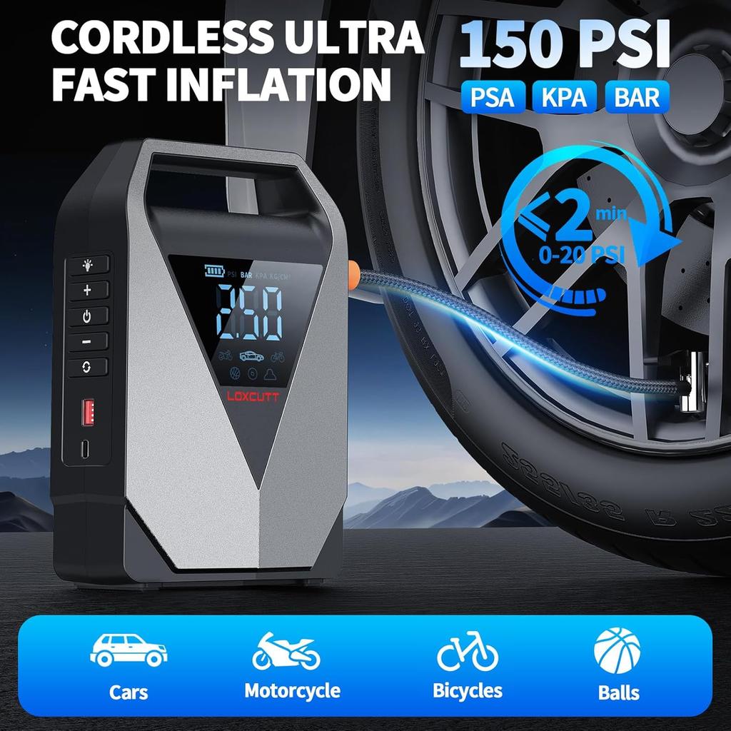 Car Jump Starter 1800A, 12000mAh with Air Compressor, 150PSI Auto Shut-Off, LCD Display, LED Light, QC3.0