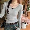 Neck Lace Top Women's Spring Texture Long-sleeved T-shirt Bow Splicing Niche Bottoming Shirt