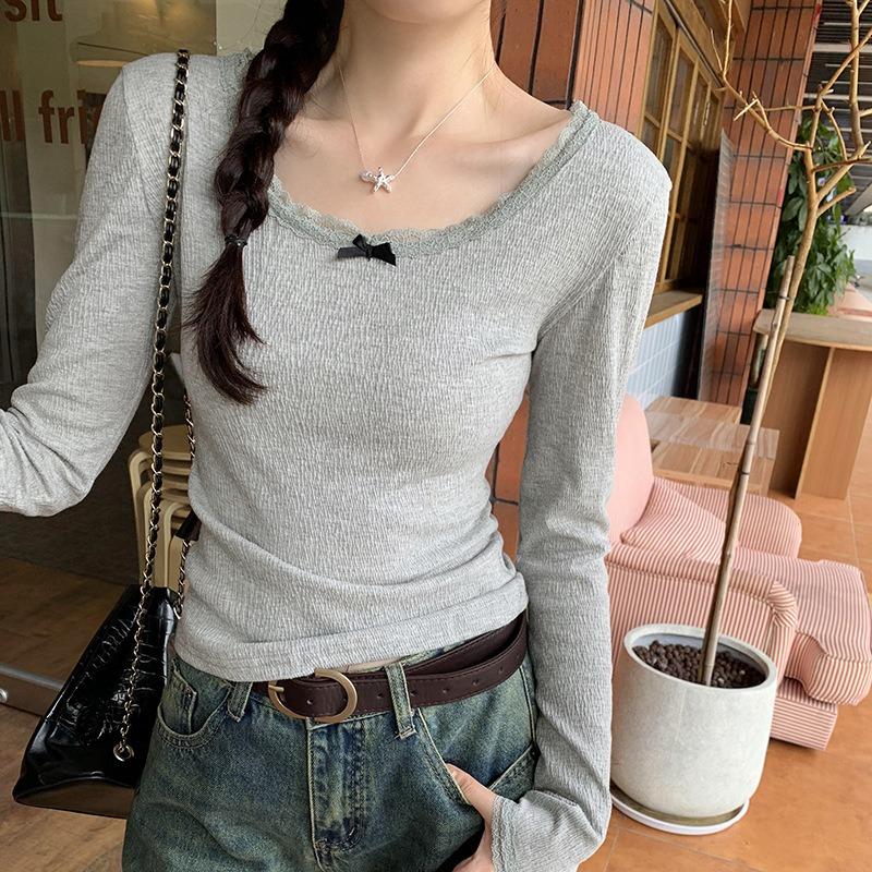 Neck Lace Top Women's Spring Texture Long-sleeved T-shirt Bow Splicing Niche Bottoming Shirt