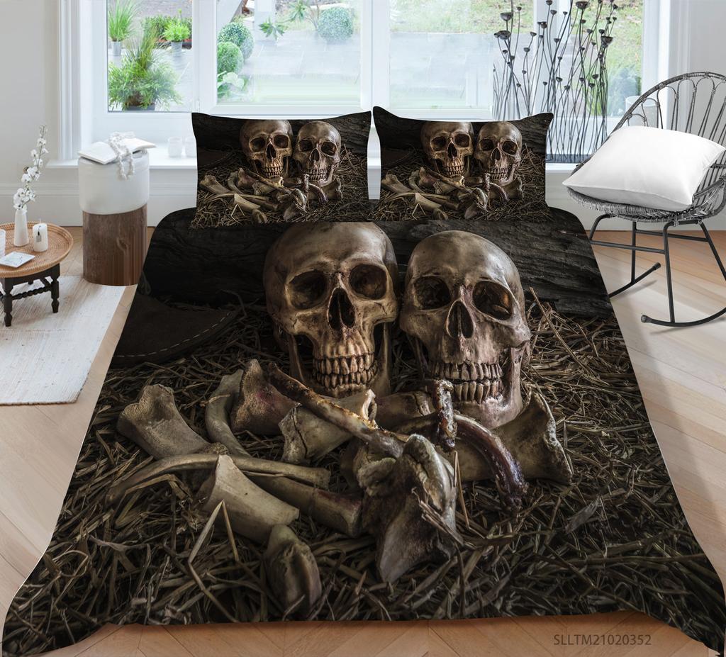 3D Black Skull Head Pattern Bedding Single Double Bed Full Size Special Skull Head Print Pillowcase and Quilt Cover 2 or 3 Comfortable Home Decoration