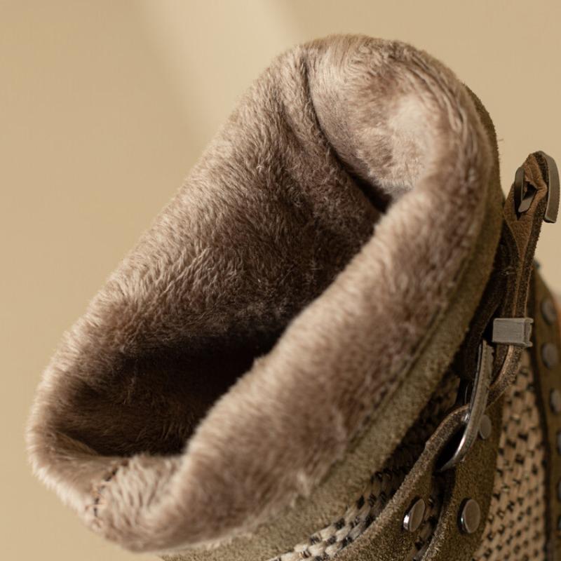 Fashion Cow Suede Rivet Belt Buckle Round Head Low Heeled Short Boots Fashionable Winter Tassel Short Plush Women's Ankle Boots Size 43