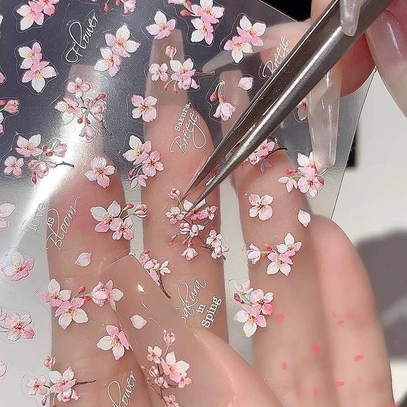 1 Stück 5D Weiche Relief-Kirschblüten-Nagelsticker Selbstklebende Blumendecals zur Nagelkunst-Dekoration, Einfach anzubringendes Press-On-Design