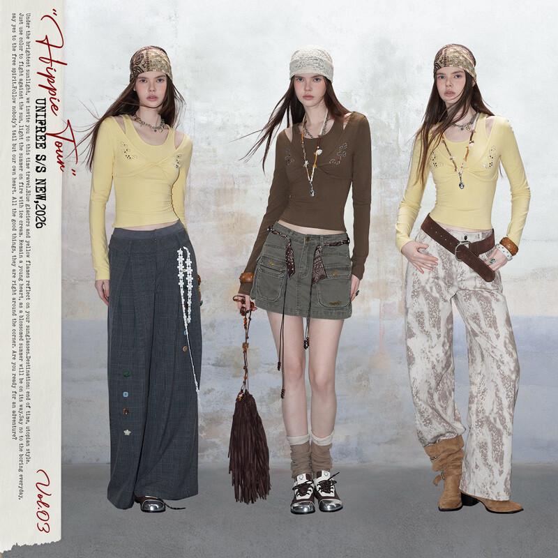 unifree 2026 Spring Korean Style Cross Design Faux Two-Piece Slim T-Shirt