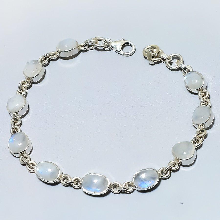 Natural Rainbow Moonstone Gemstone Handmade 925 Solid Silver Bracelet 7-8" e3G01
