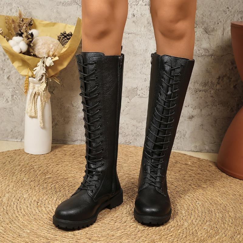 Winter New Thick Heel Single Boots Women's Round Head Splicing Front Strap Soft Sole Anti-slip Wear-resistant High Boots