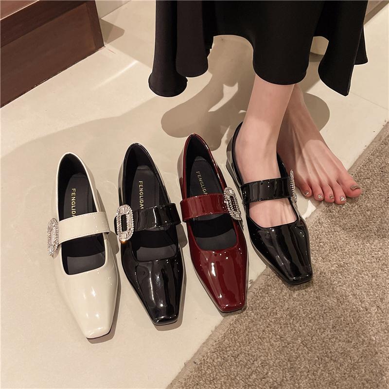 Fashion Shoes for Women New Style Square Head Rhinestone Square Buckle Flat Bottom Mary Jane Single Shoes Woman Pumps Zapatos De Mujer