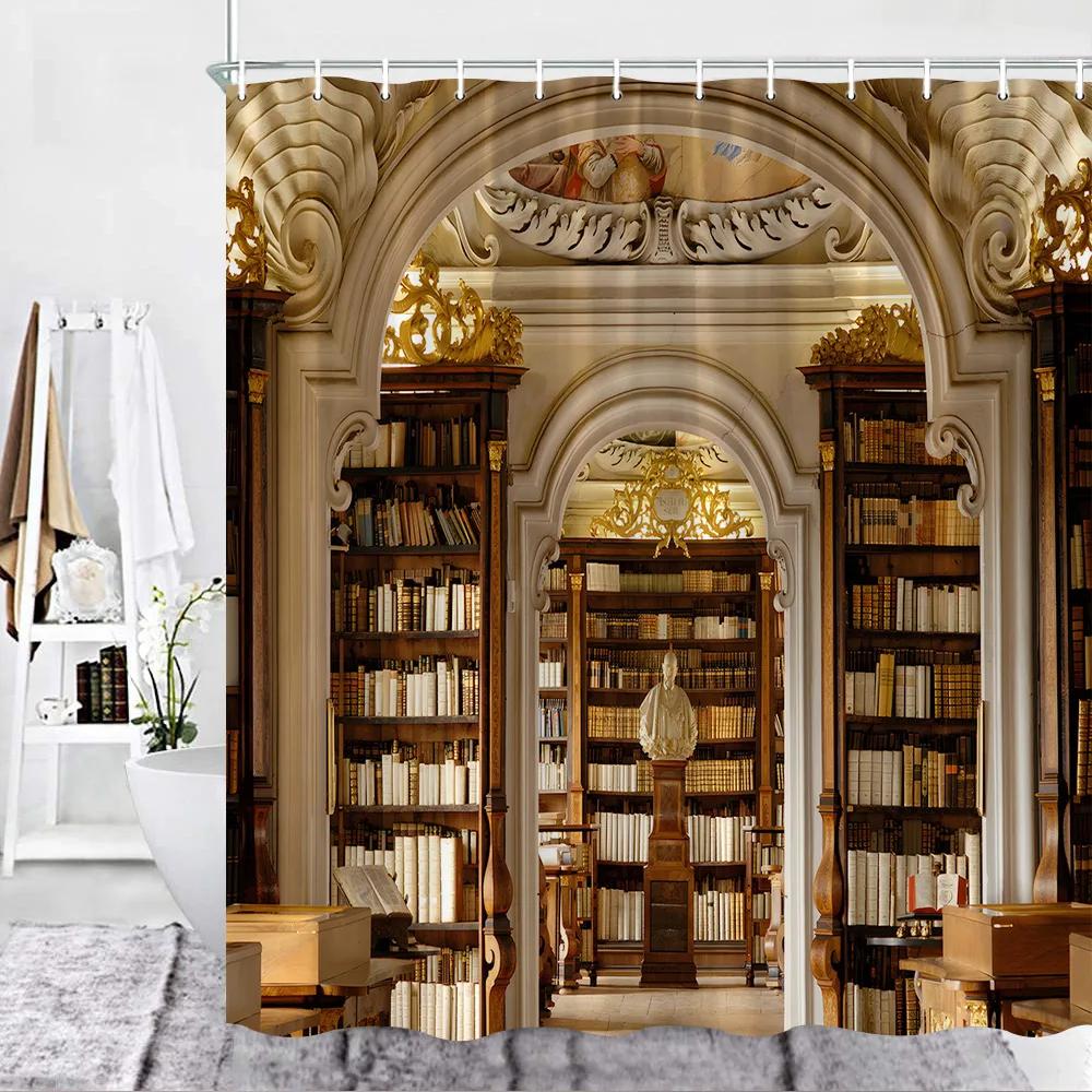 3D Library Shower Curtain, Vintage Bookshelf Books Gothic Magic Polyester Printed Fabric Bathroom Decorative Bathtub Accessories