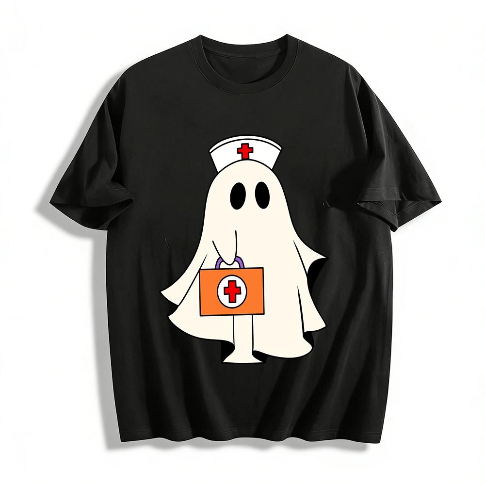 Halloween Ghost Nurse Print Casual Top For Holiday Party Pure cotton T-shirt XXS