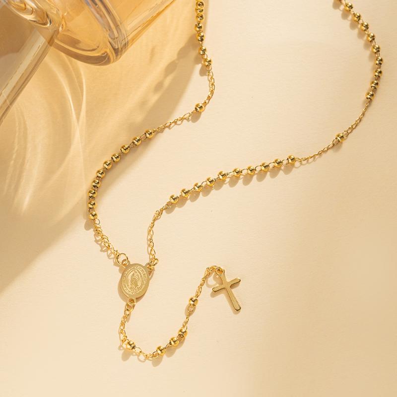 3/4/6Mm Round Bead Necklace Titanium Steel Virgin Mary Cross Stainless Steel Buddhist Beads Necklace Light Luxury Jewelry