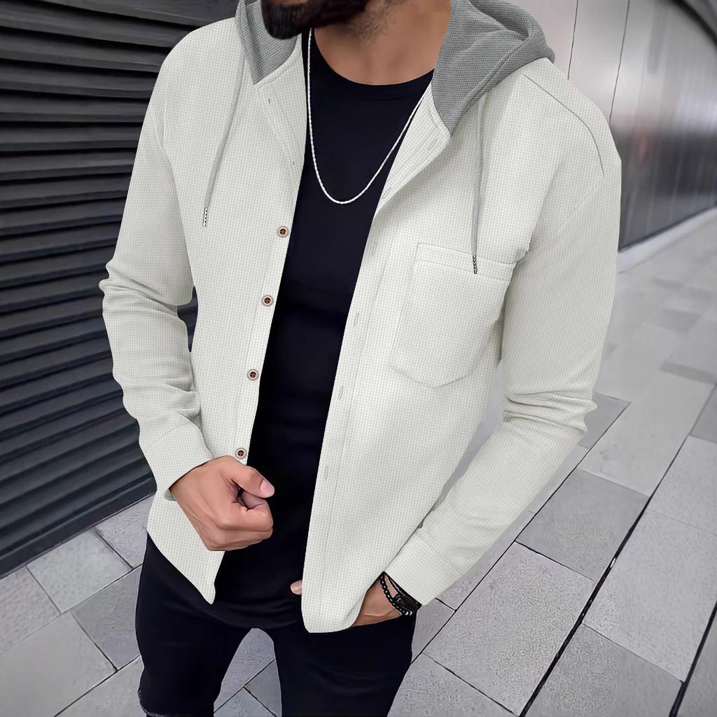 Höst herr våffelmönstrad enkelknäppt huva avslappnad kofta jacka