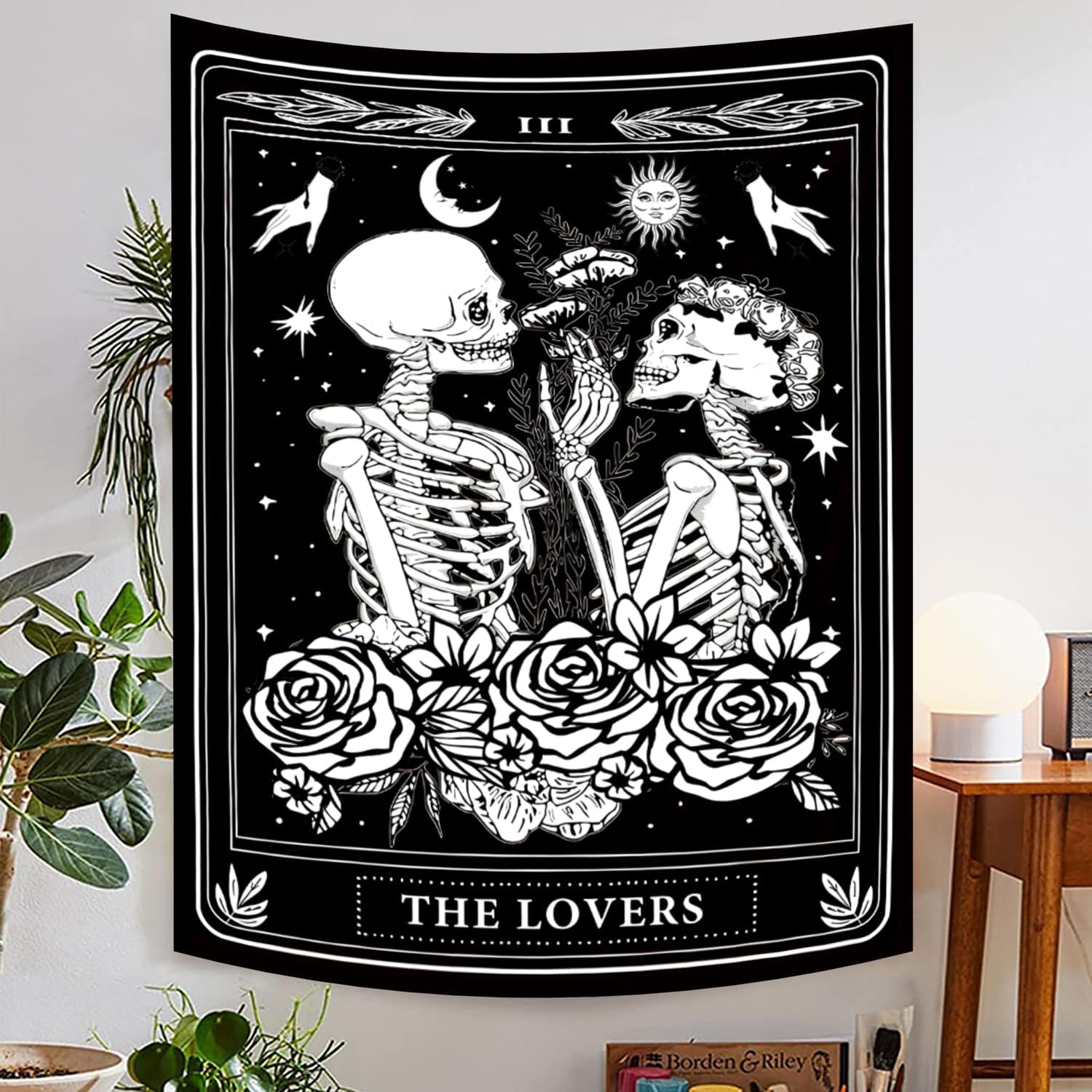 Onivein The Lovers Skull Tapestry Gothic Tapestry Vertical Black and White Skeleton Gothic Witch Sun Moon Floral Plant Snake Tapestries Wall Hanging
