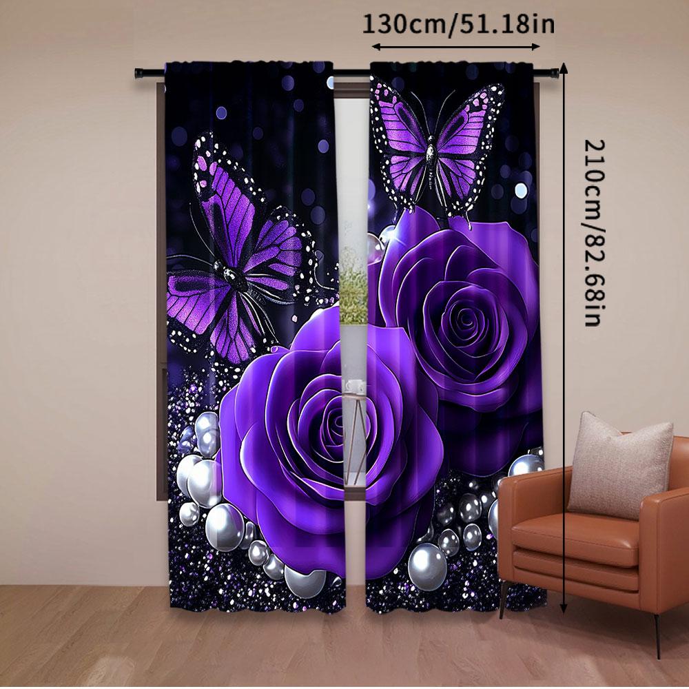 2Pcs Purple Roses Curtains Butterfly Flowers Romantic Valentine'S Day Curtains Adults Xmas Decor Starry Sky Galaxy Dreamy