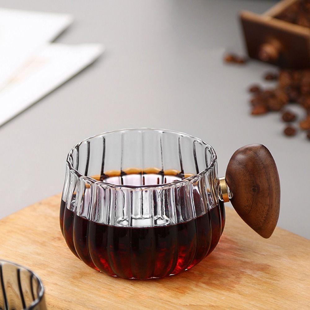 Modern Stripe Glass Coffee Mug Wooden Handle Heat-resistant Ribbed Tea Cup Wide Mouth Clear Cup and Plate Set Breakfast