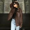 Winter Vintage Brown Leather Coat Women, European American High-end Loose Notched Lapel Mid-length Leather Jacket Outerwear