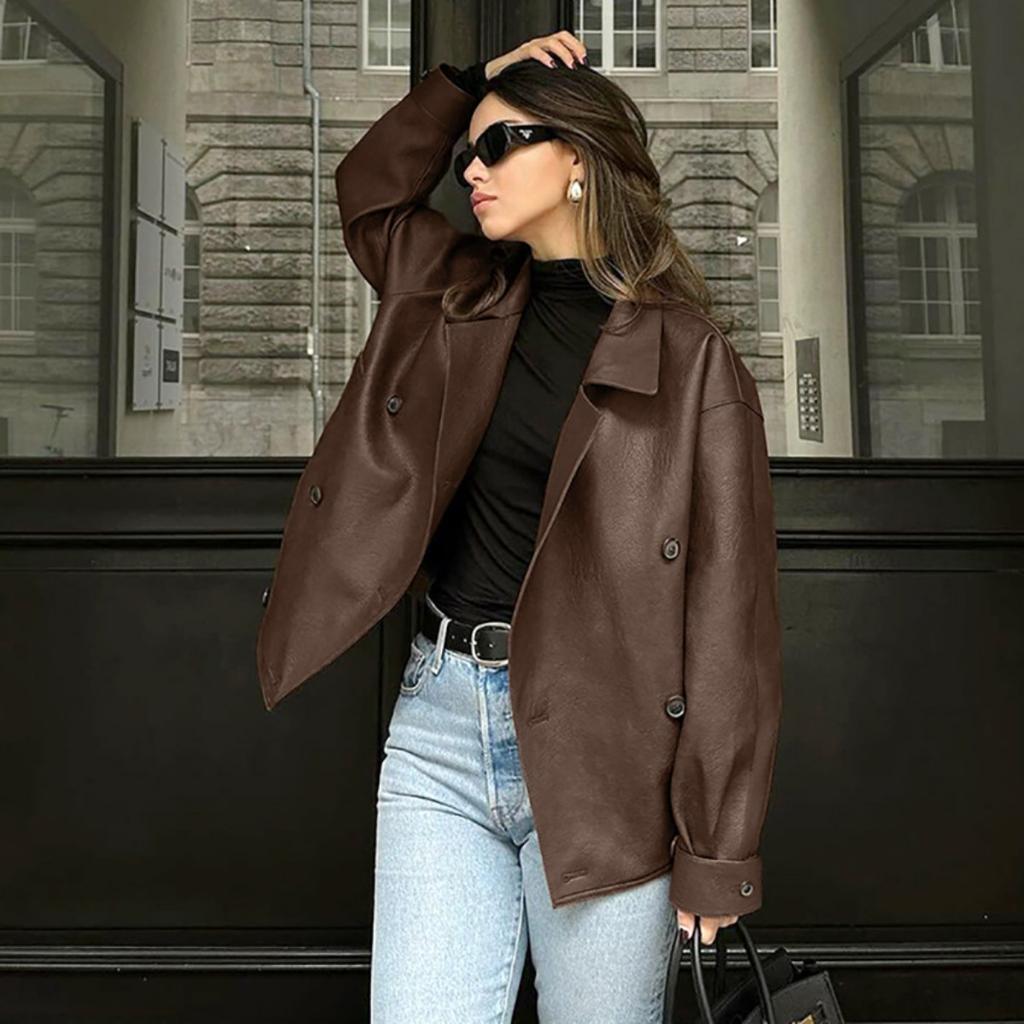 Winter Vintage Brown Leather Coat Women, European American High-end Loose Notched Lapel Mid-length Leather Jacket Outerwear