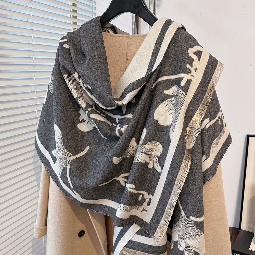 Magnolia Flower Branches Imitation Cashmere Scarf Female Elegant Senior Gradual Change Black Shawl Send Elders Scarf