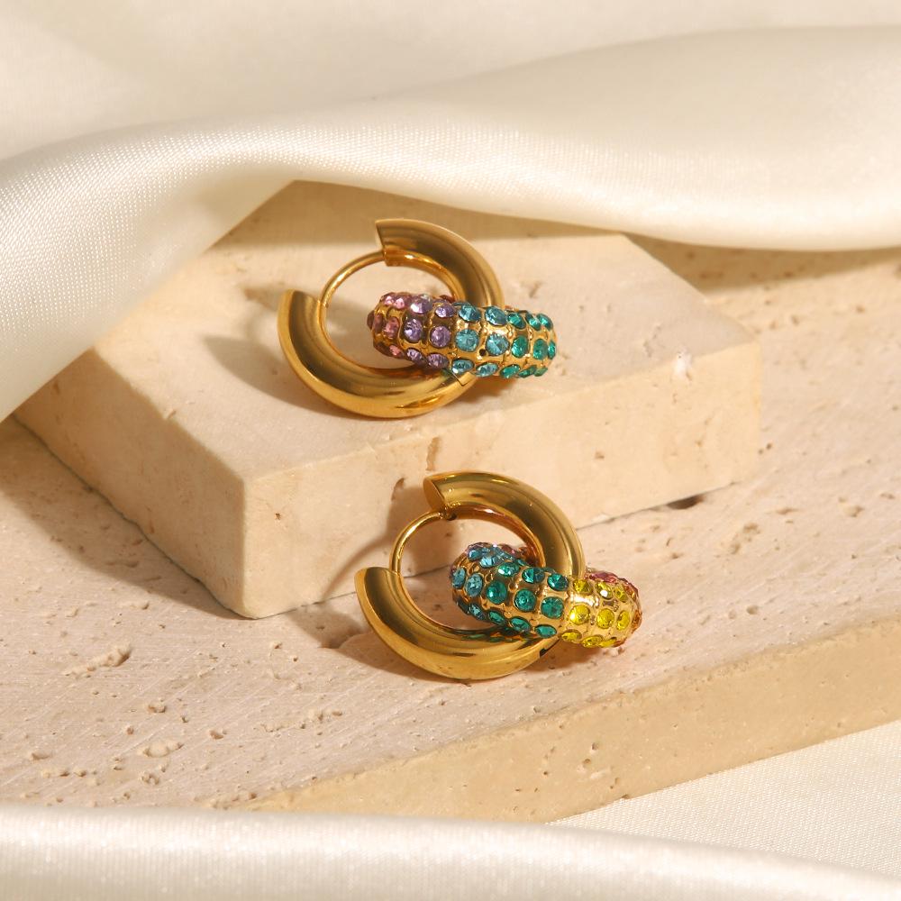 18k Gold-Plated Colorful Diamond Round Donut Earrings - Trendy, Versatile Design Inspired by European and American Influencers.