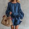 Women's 2pcs Casual Outfit, Lantern Sleeve Loose Top + Ruffle Hem Shorts, Spring Summer Fashion Outfits for Women Europe America Style