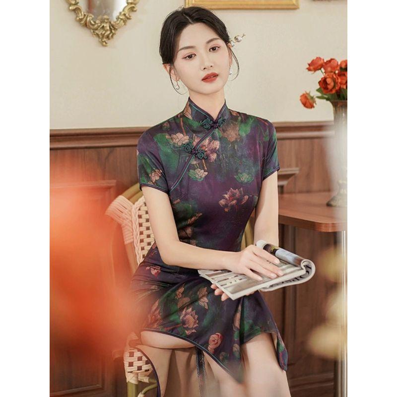 Printed Standing Neck Long Skirt Qipao Print Stand-up Collar Slim Fit Long Dress Cheongsam Women