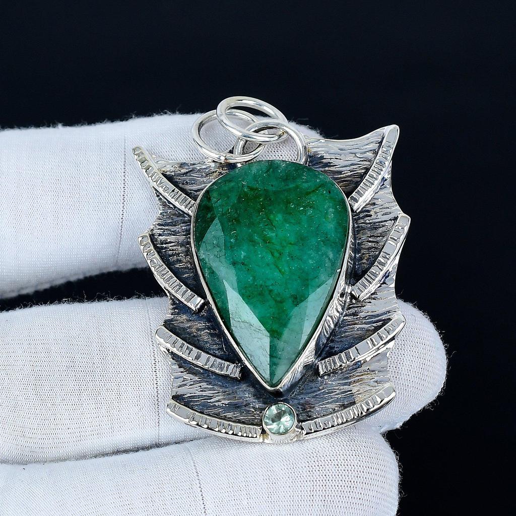 Smaragdhänge, 925 Sterlingsilver Handgjorda Smycken, Smaragd Silverhänge, Festkläder Smycken för Dam, Hänge Vaddpresent