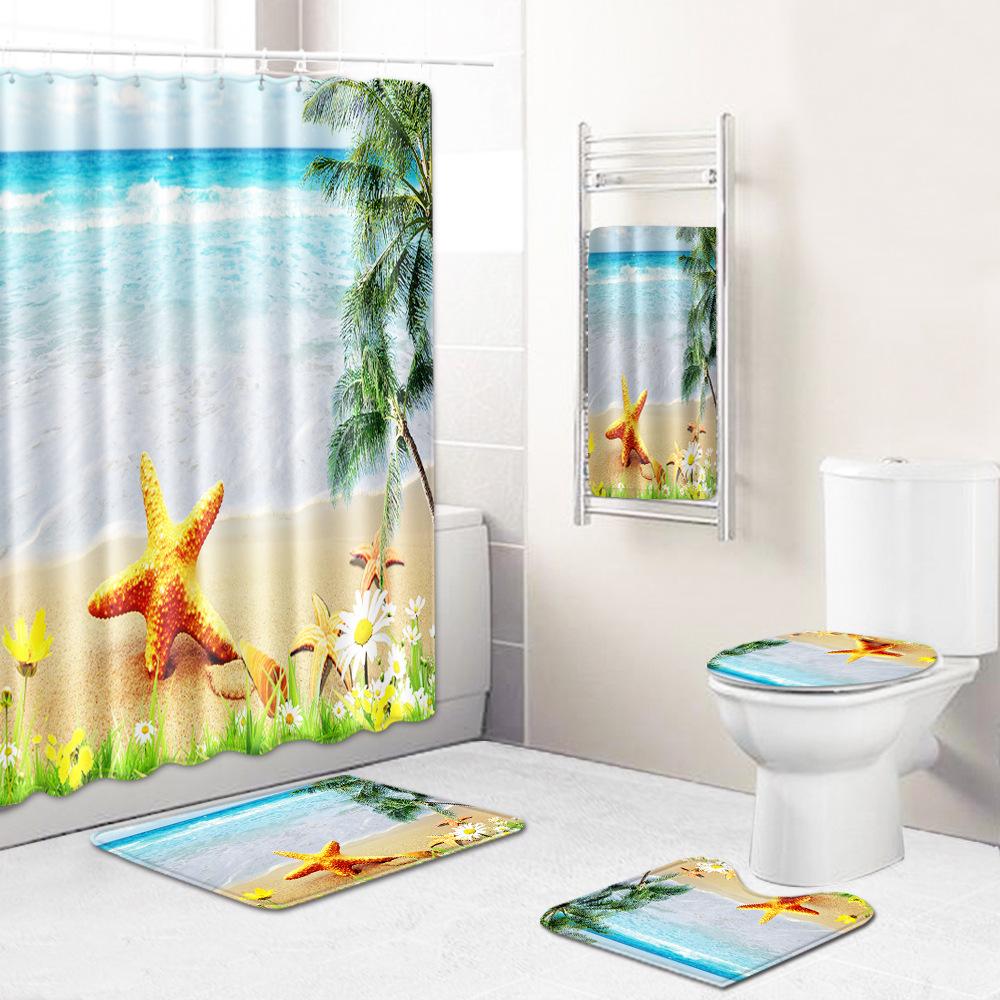 Beach Ocean Bathroom Shower Curtain Bath Towel Floor Mat Five-Piece Set Toilet Toilet Carpet Shower Foot Mat