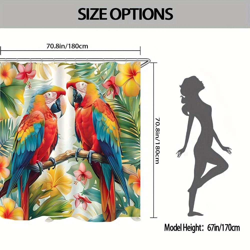 "Vibrant Parrot And Tropical Flower Waterproof Shower Curtain, Exotic Bird Design For Stylish Bathroom Decor"