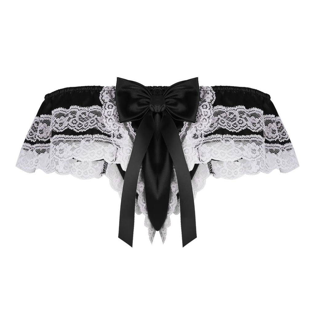 Men's Sissy Frilly Ruffled Lace Trim Crossdress Underwear G-String Thongs Briefs Panties