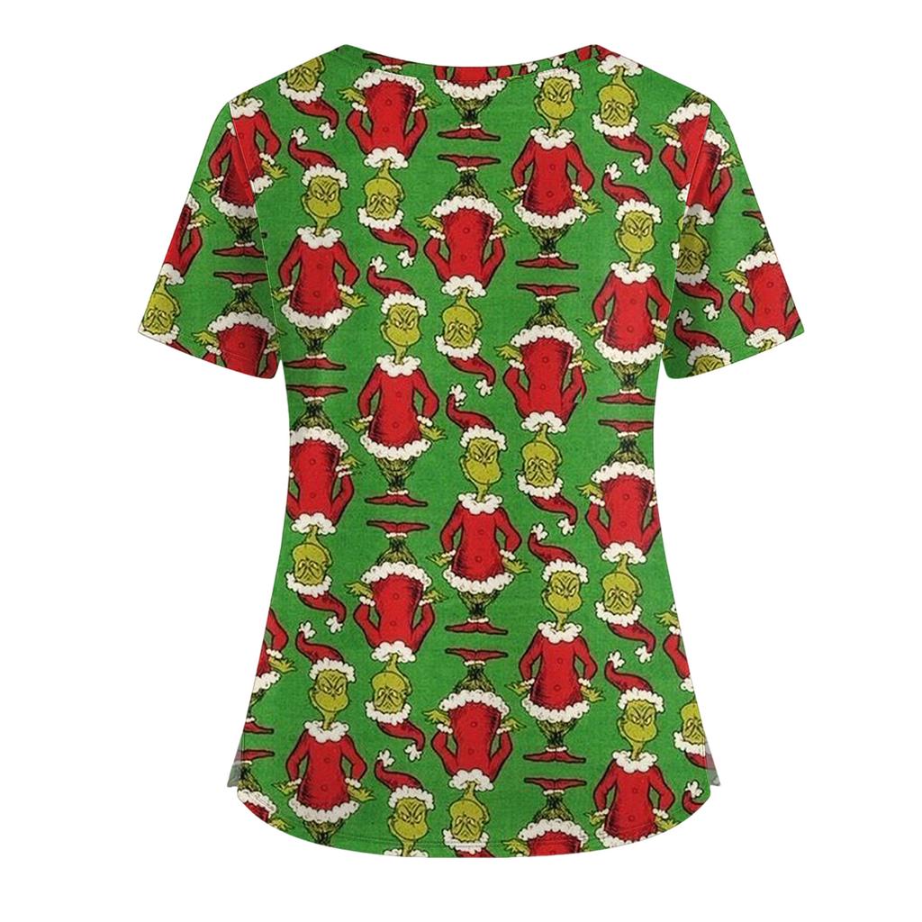 Damski T-shirt z krótkim rękawem z nadrukiem świątecznym, dekoltem w serek, zapinany na guziki z rozcięciem z boku