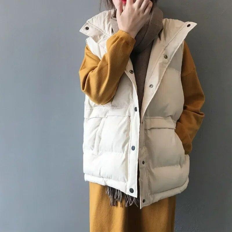 Off White Daunen-Baumwollweste für Damen, kurz, Stehkragen, ärmellos, warm, locker, einfarbig, einfach, lässig, Pendeln, Herbst und Winter