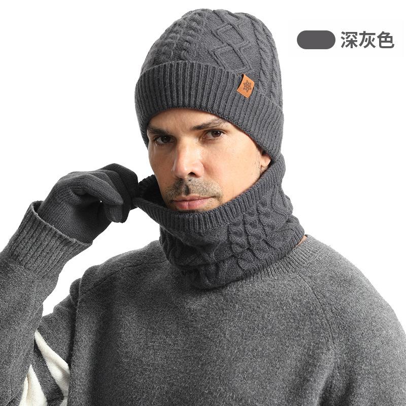 Knitted hat, men's winter velvet thickened gloves, hat, scarf, three-piece set, outdoor cycling wool, knitted hat