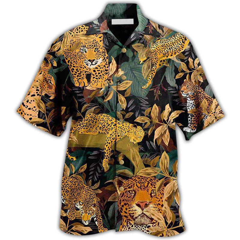 Herren Leopardenmuster 3D Sommerhemd, Locker und Atmungsaktiv Kurzarmhemd für den täglichen Gebrauch und den Urlaub ... XL